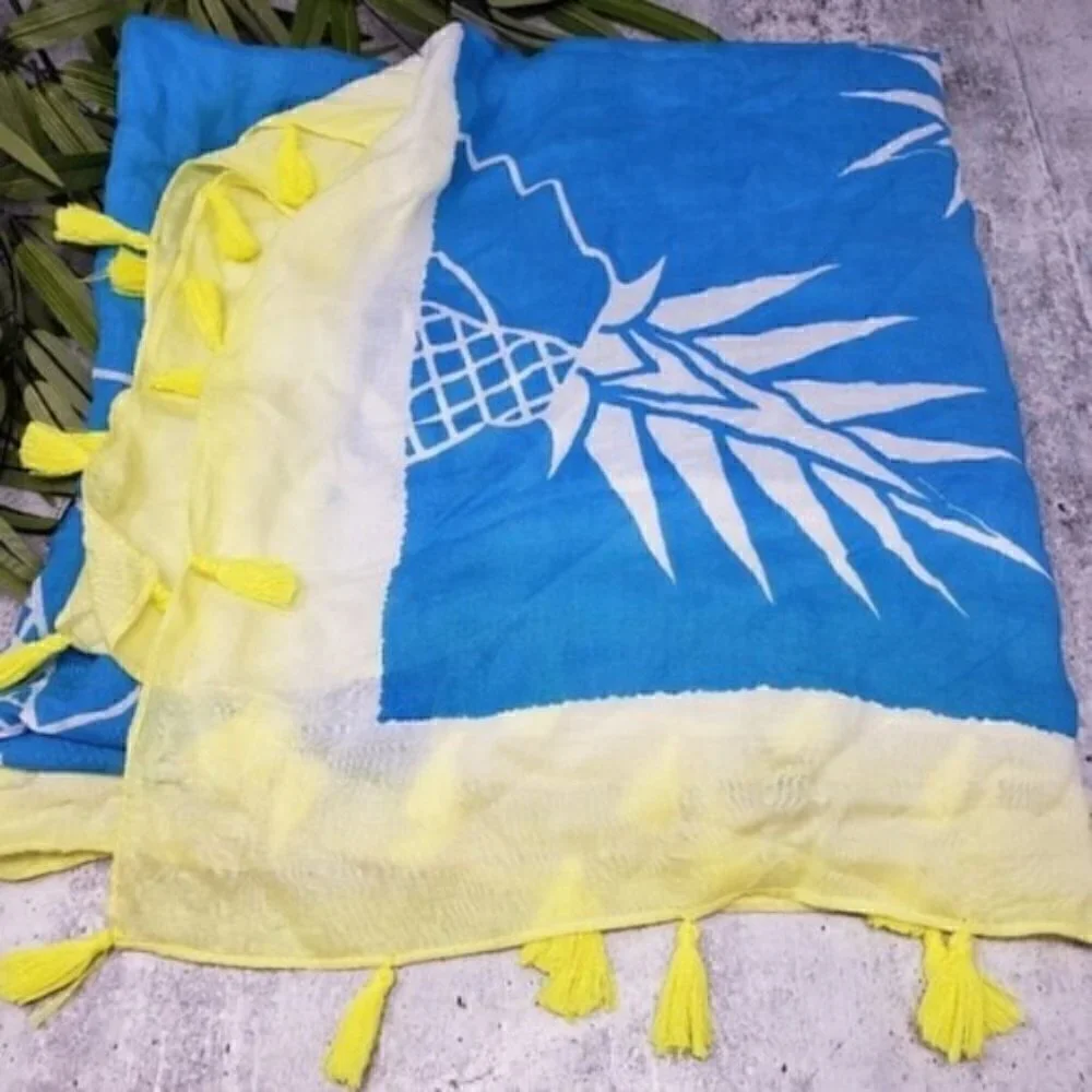 Pineapple Print Tassel Scarf Yellow Blue White Bright Casual Summer Vacation